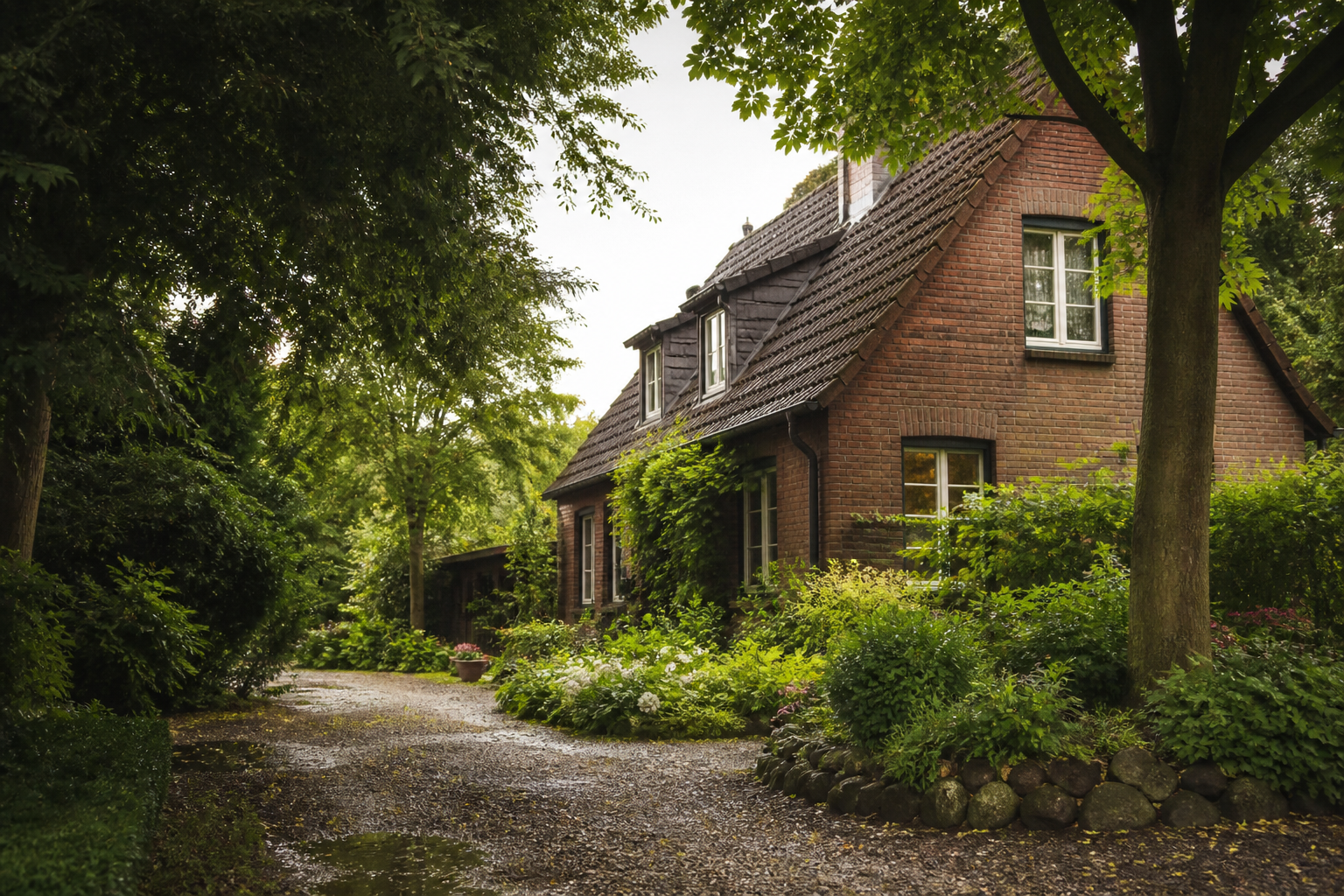 Generische KI-Illustration eines Hauses mit Garten; kein tatsächliches NRW-Objekt und kein Ortsmotiv